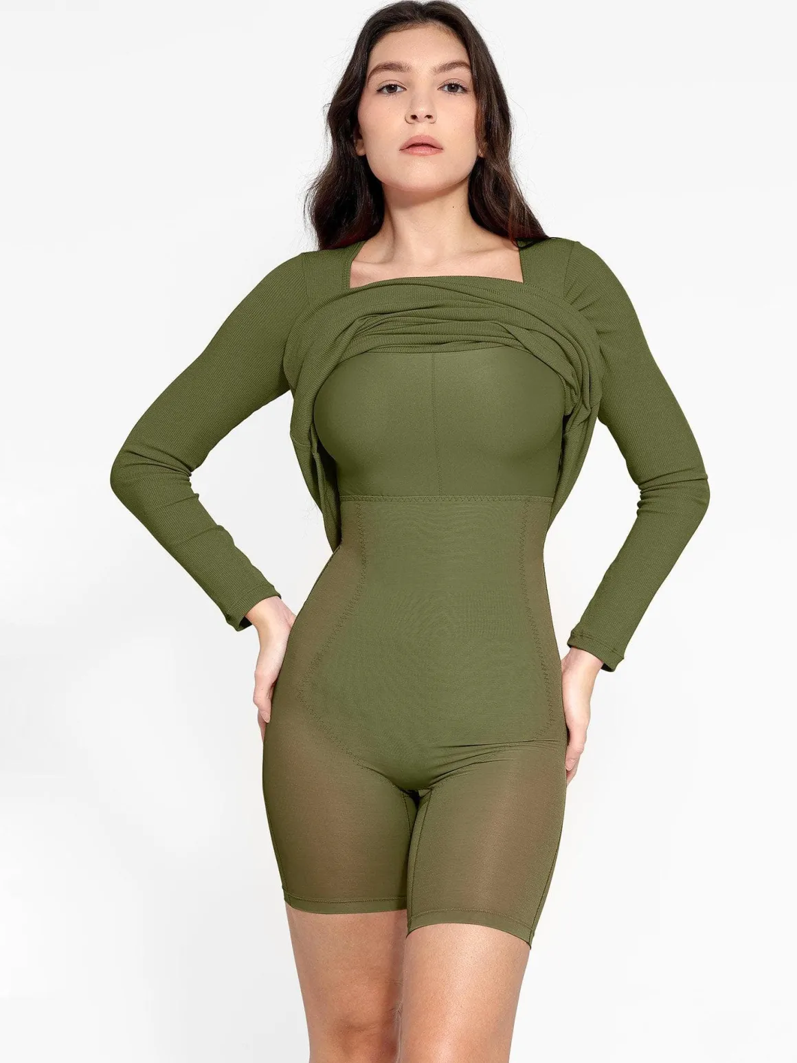 Shapewear Square Neck Long Sleeve Slimming Modal Maxi Dress