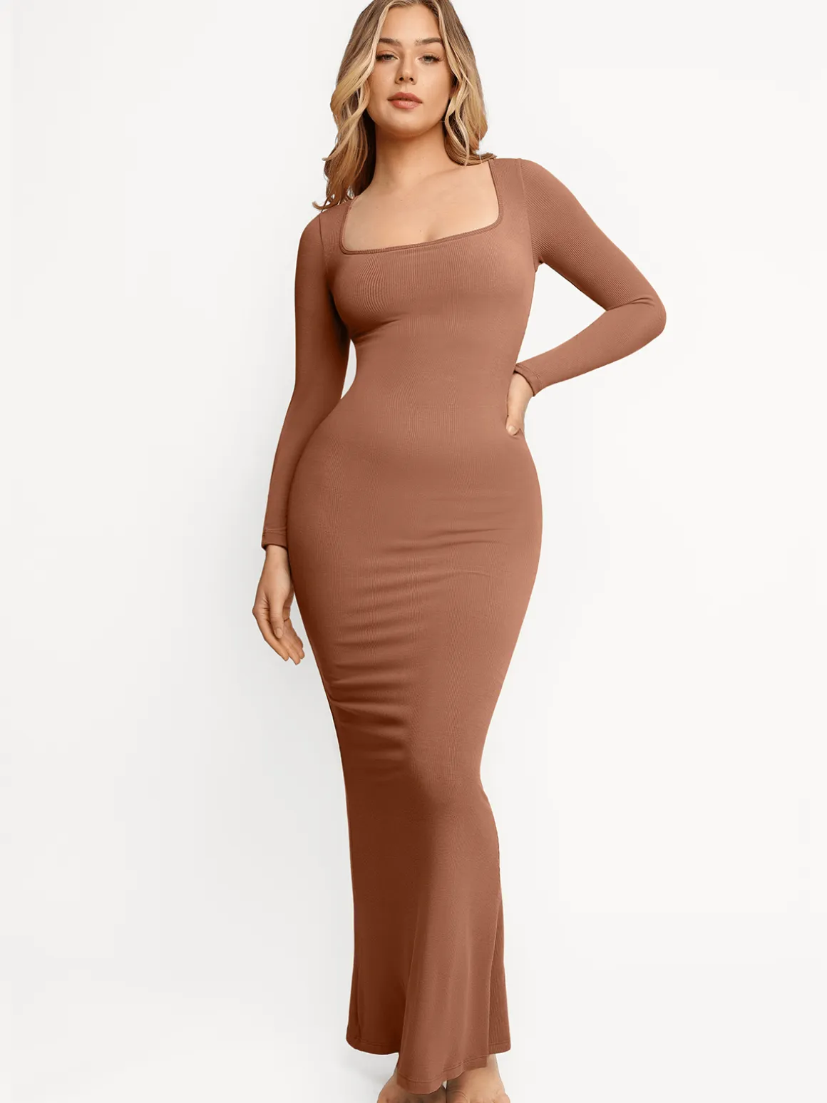 Shapewear Square Neck Long Sleeve Slimming Modal Maxi Dress