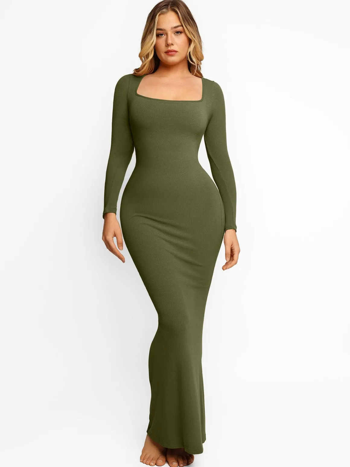 Shapewear Square Neck Long Sleeve Slimming Modal Maxi Dress