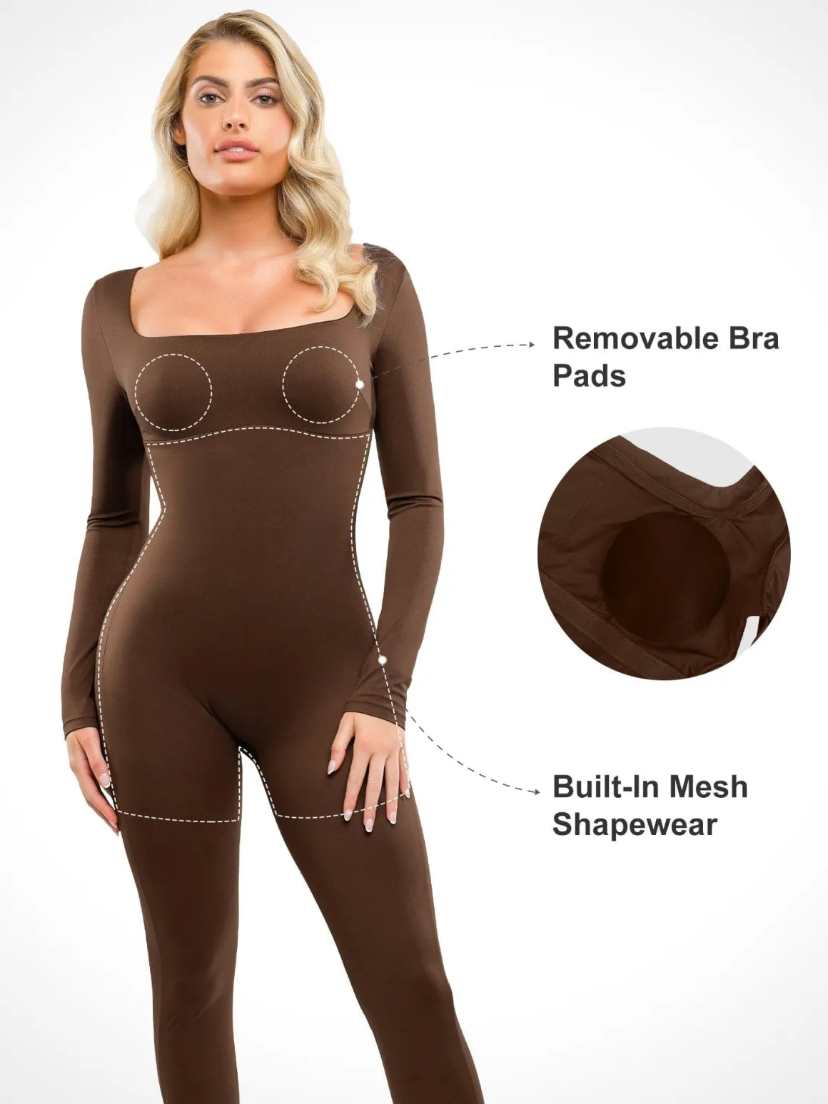 Shapewear Square Neck Long Sleeve Butt Lift Jumpsuit
