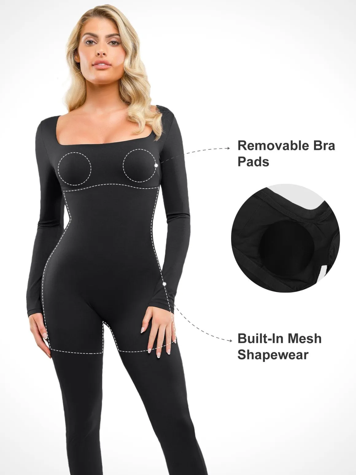Shapewear Square Neck Long Sleeve Butt Lift Jumpsuit