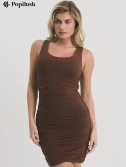 Shapewear Square Neck Sleeveless Ruched Bodycon Mini Dress