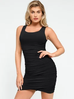 Shapewear Square Neck Sleeveless Ruched Bodycon Mini Dress