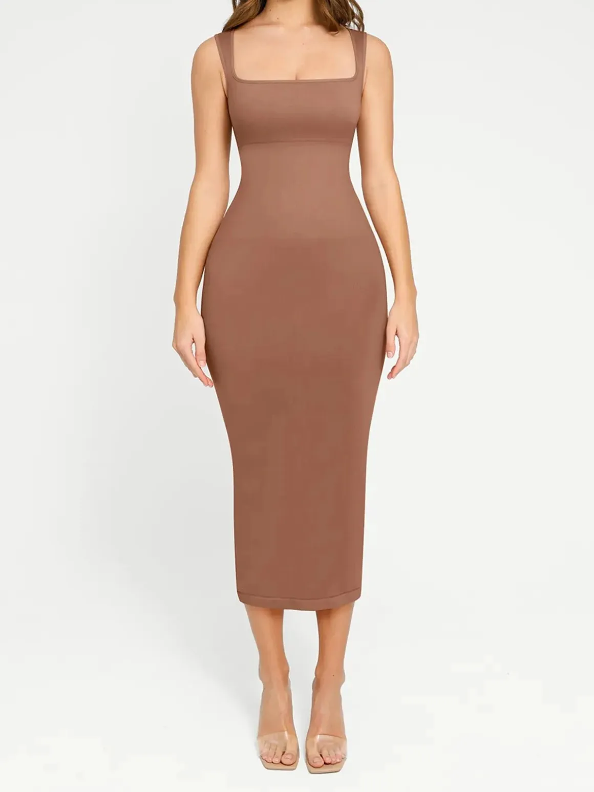 Shapewear Square Neck Sleeveless Slimming Midi Dress