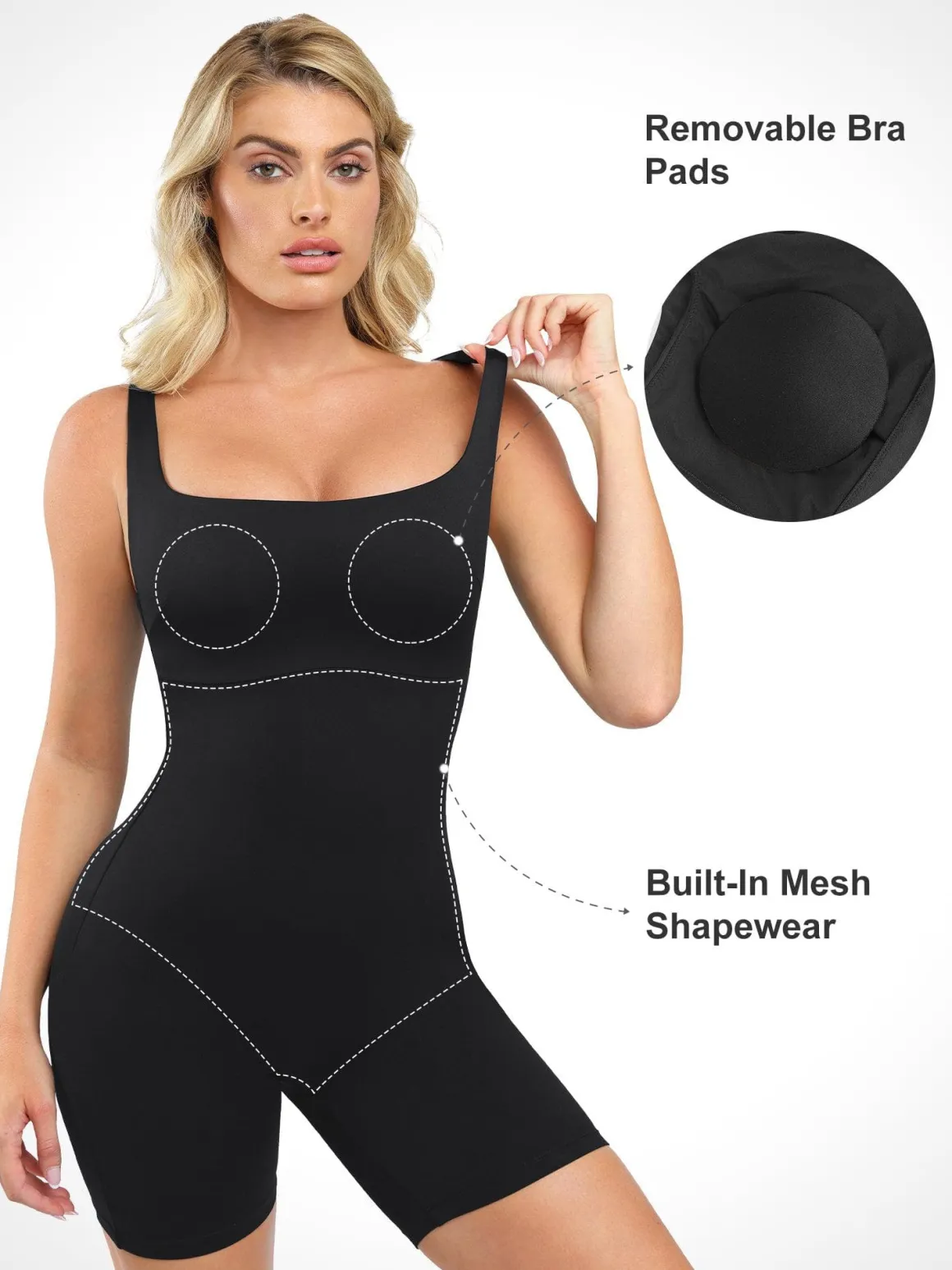 Shapewear Square Neck Slimming Mid-Thigh Workout Romper