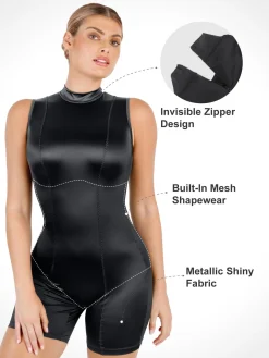 Shapewear Stretch Satin Mock Neck Sculpting Romper