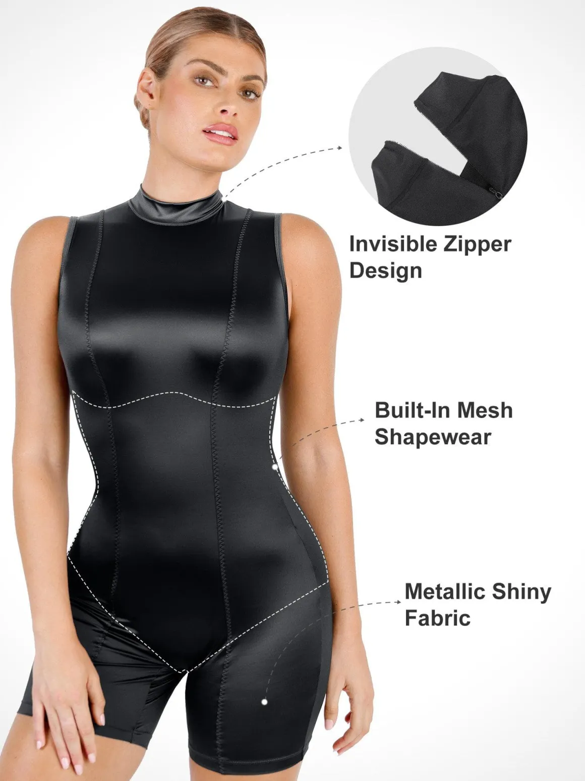 Shapewear Stretch Satin Mock Neck Sculpting Romper