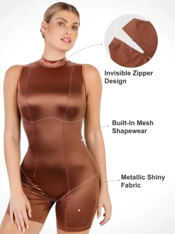 Shapewear Stretch Satin Mock Neck Sculpting Romper