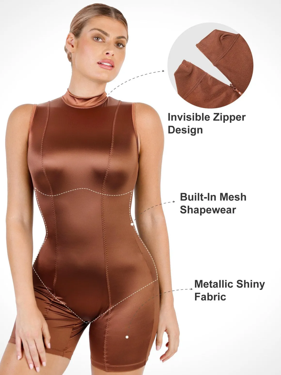 Shapewear Stretch Satin Mock Neck Sculpting Romper
