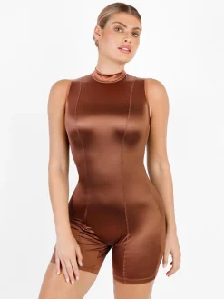 Shapewear Stretch Satin Mock Neck Sculpting Romper