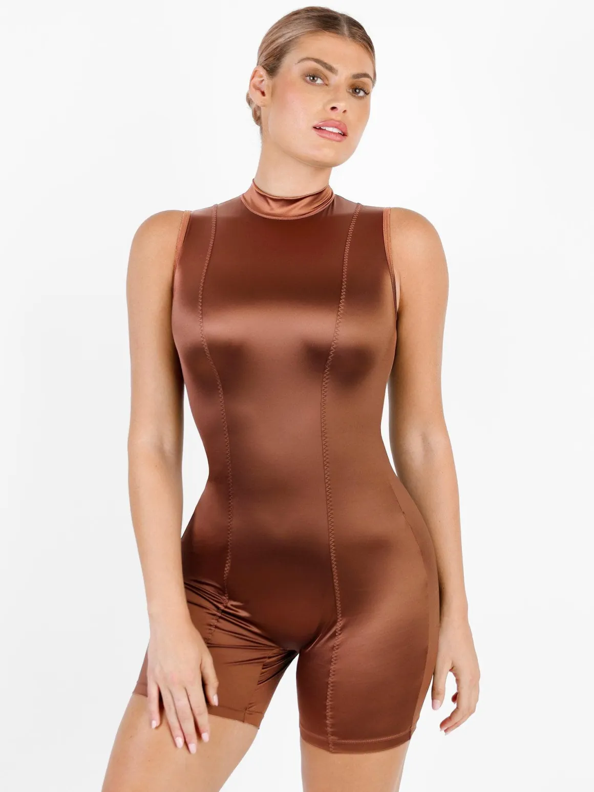 Shapewear Stretch Satin Mock Neck Sculpting Romper