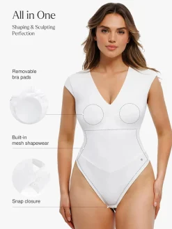 Shapewear V Neck Cap Sleeve Tummy Control Bodysuit
