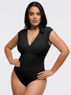 Shapewear V Neck Cap Sleeve Tummy Control Bodysuit