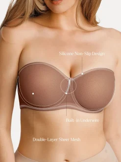 Unlined Sheer Mesh Strapless Minimizer Underwire Bra