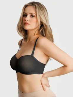 Unlined Sheer Mesh Strapless Minimizer Underwire Bra