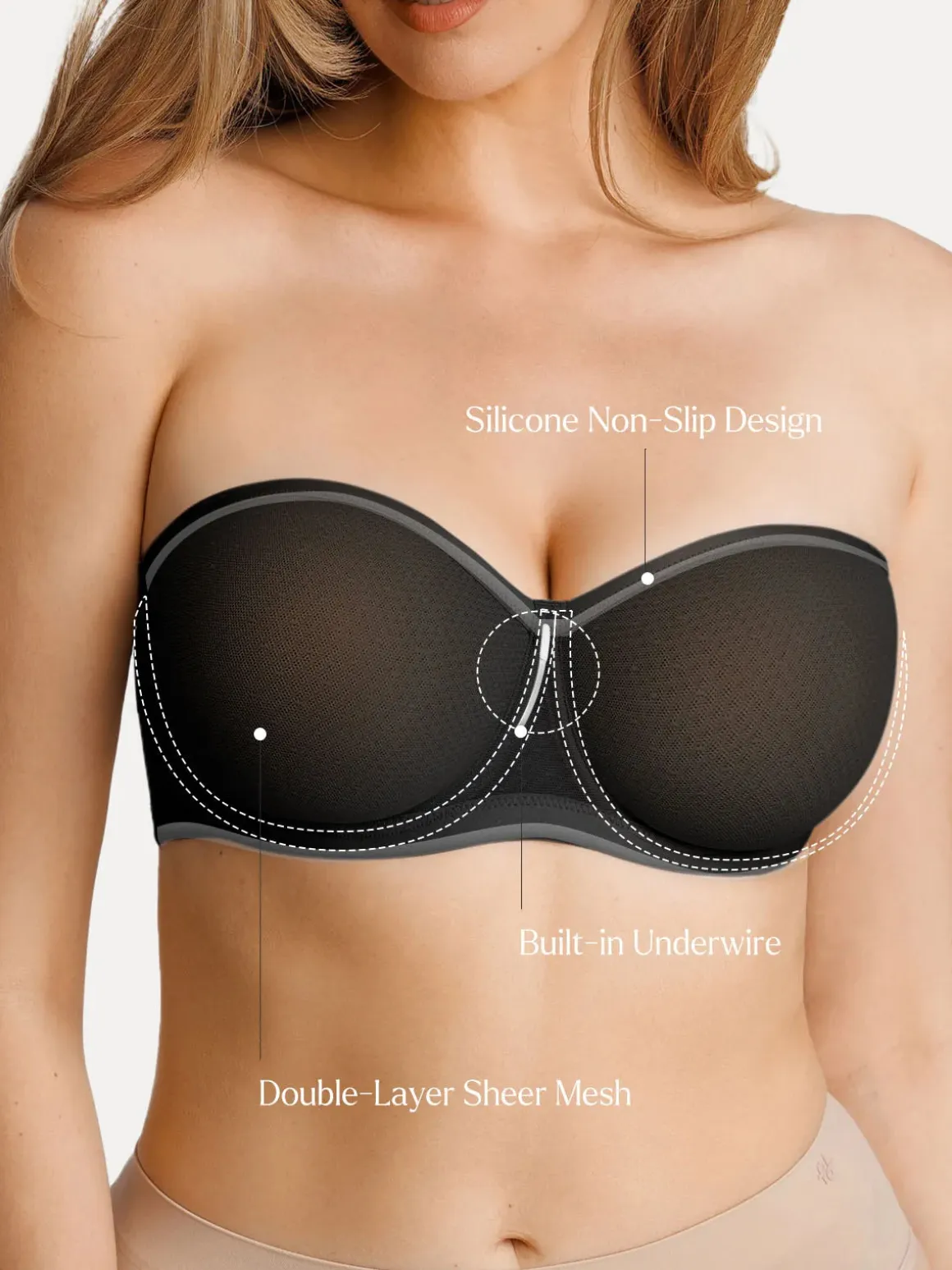 Unlined Sheer Mesh Strapless Minimizer Underwire Bra