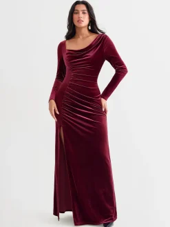 Velvet Draped Long Sleeve Sculpting Column Gown