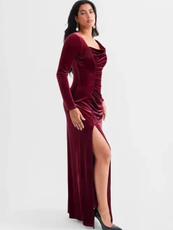 Velvet Draped Long Sleeve Sculpting Column Gown