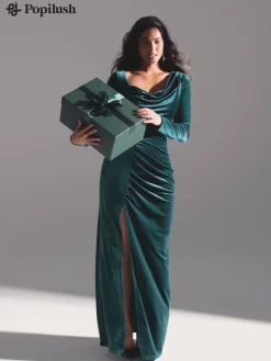 Velvet Draped Long Sleeve Sculpting Column Gown