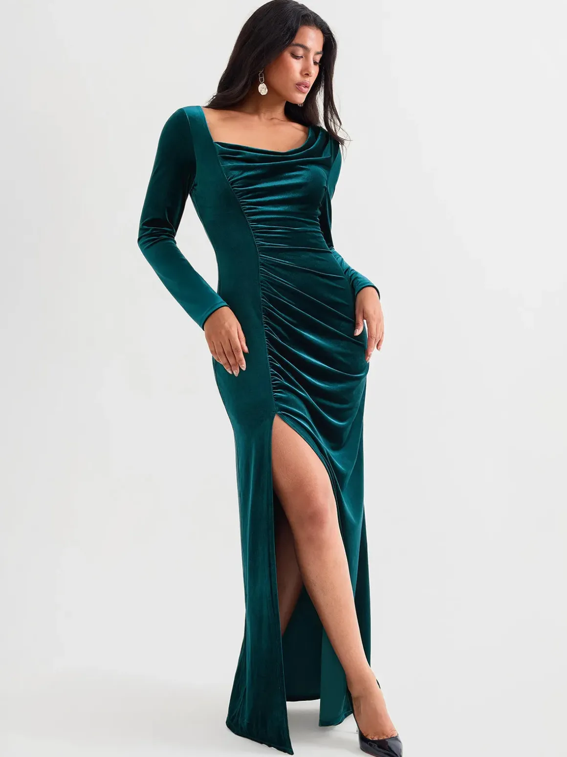 Velvet Draped Long Sleeve Sculpting Column Gown