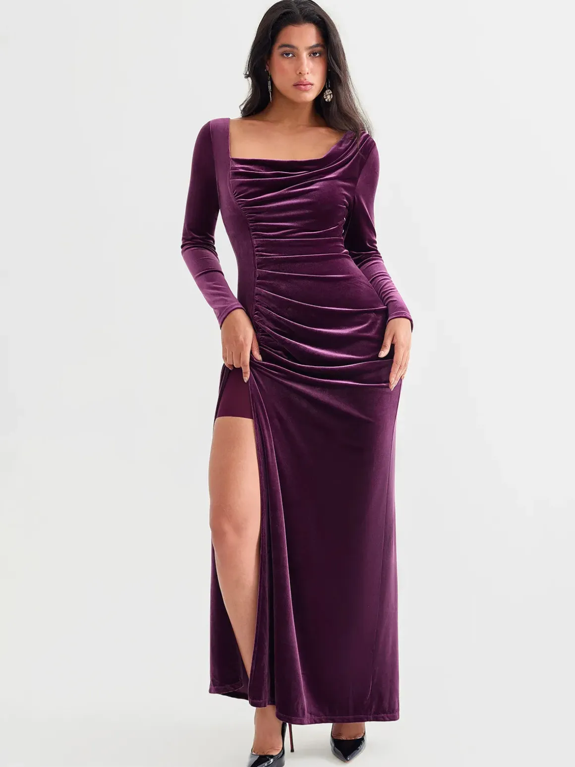 Velvet Draped Long Sleeve Sculpting Column Gown