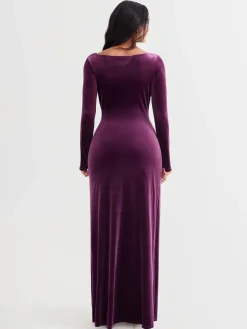 Velvet Draped Long Sleeve Sculpting Column Gown
