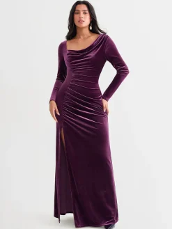 Velvet Draped Long Sleeve Sculpting Column Gown