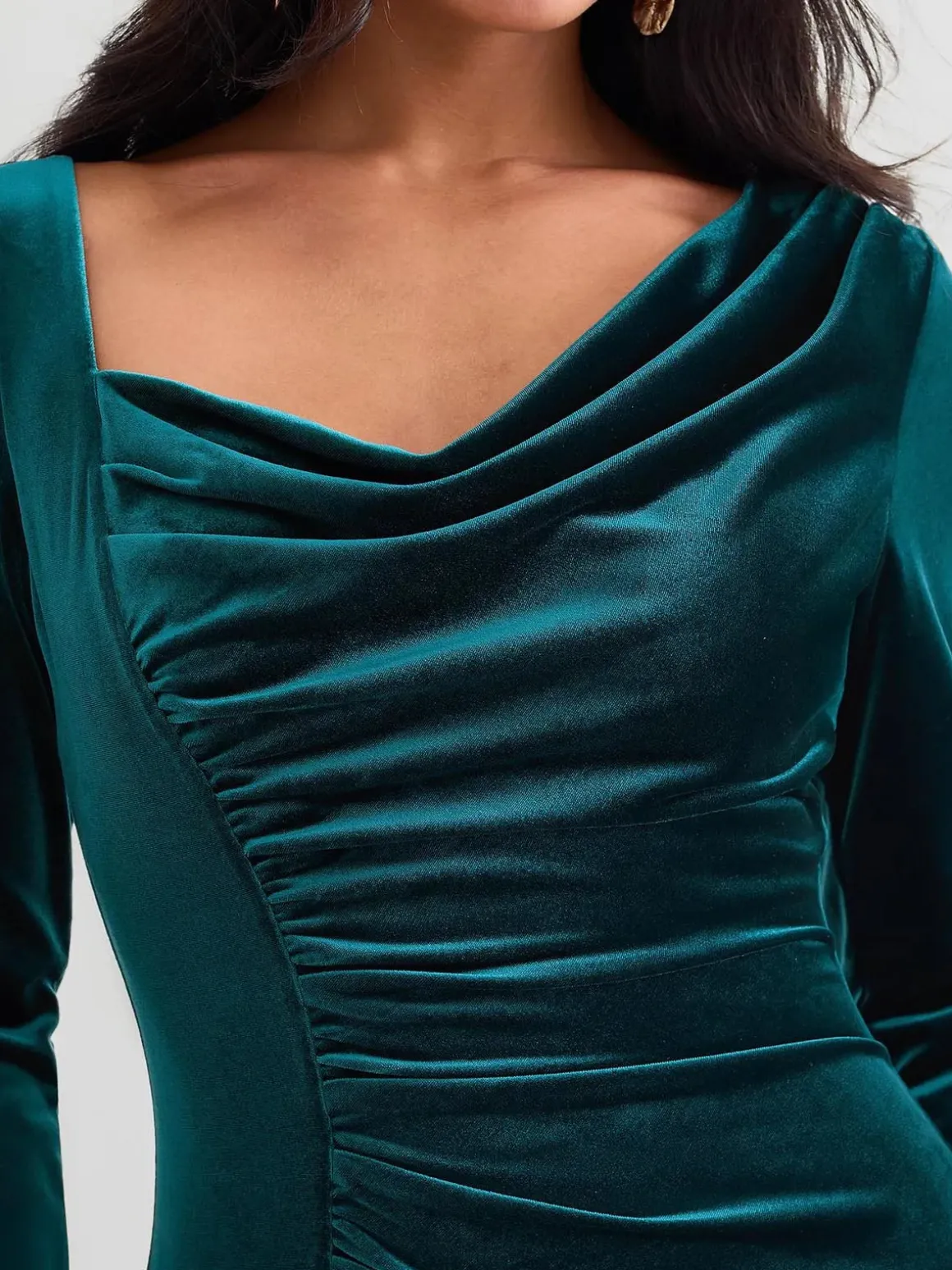 Velvet Draped Long Sleeve Sculpting Column Gown