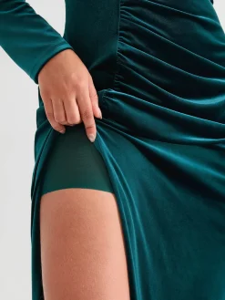 Velvet Draped Long Sleeve Sculpting Column Gown