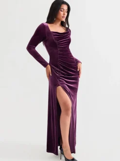 Velvet Draped Long Sleeve Sculpting Column Gown