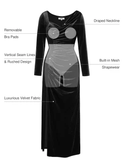 Velvet Draped Long Sleeve Sculpting Column Gown