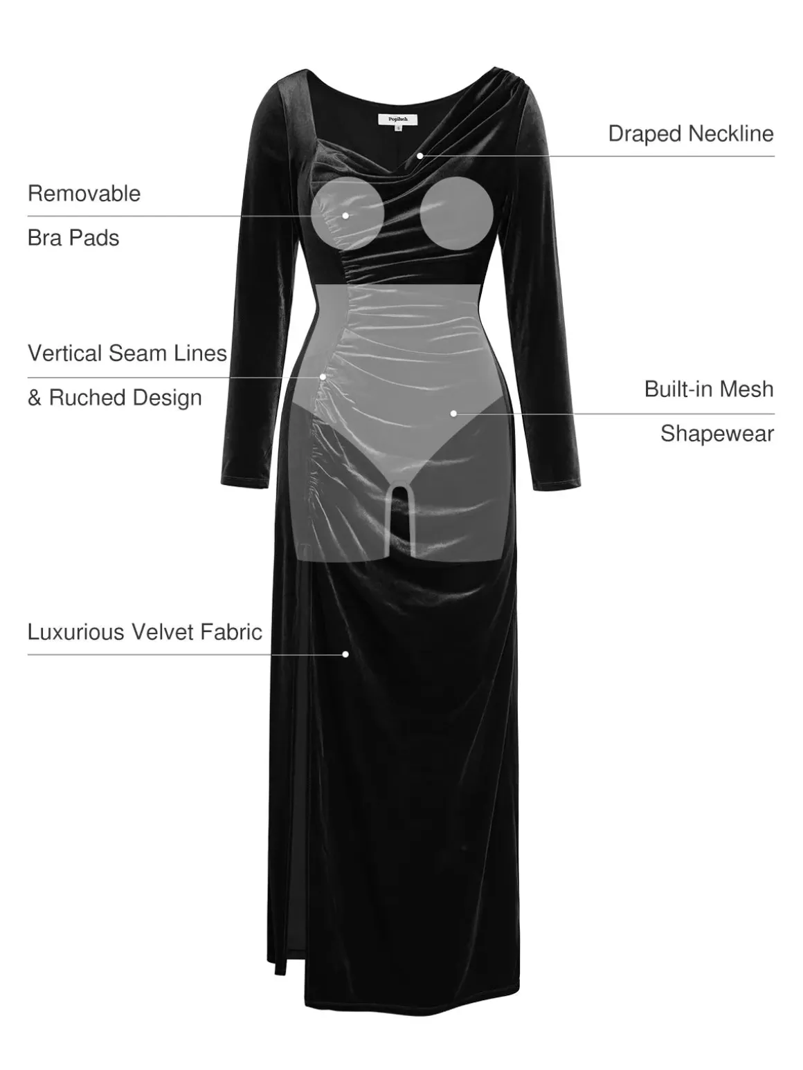 Velvet Draped Long Sleeve Sculpting Column Gown