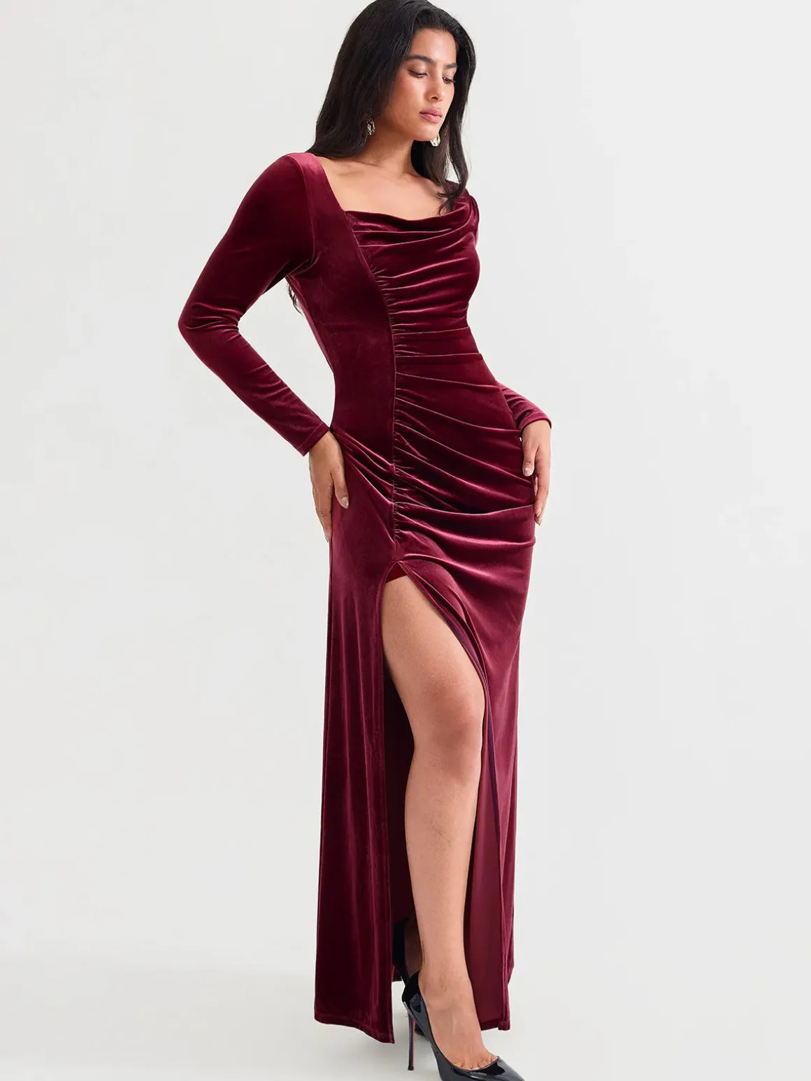 Velvet Draped Long Sleeve Sculpting Column Gown