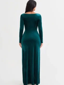 Velvet Draped Long Sleeve Sculpting Column Gown