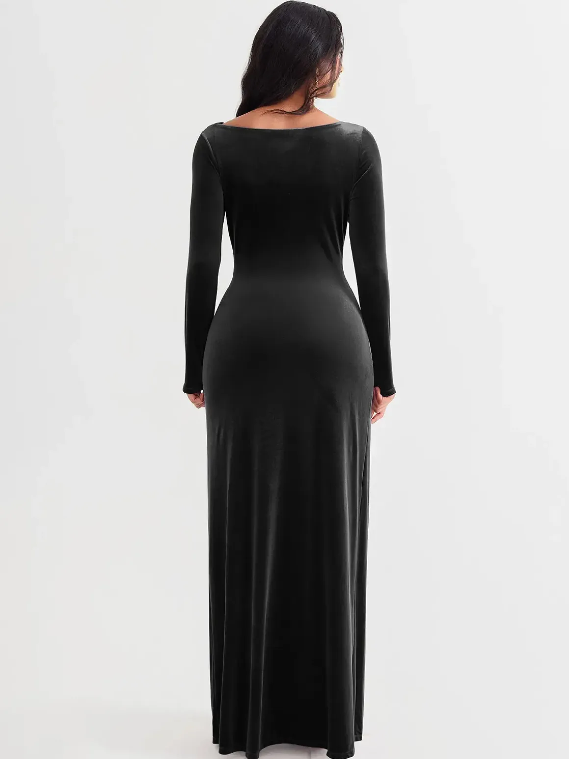 Velvet Draped Long Sleeve Sculpting Column Gown