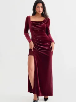 Velvet Draped Long Sleeve Sculpting Column Gown
