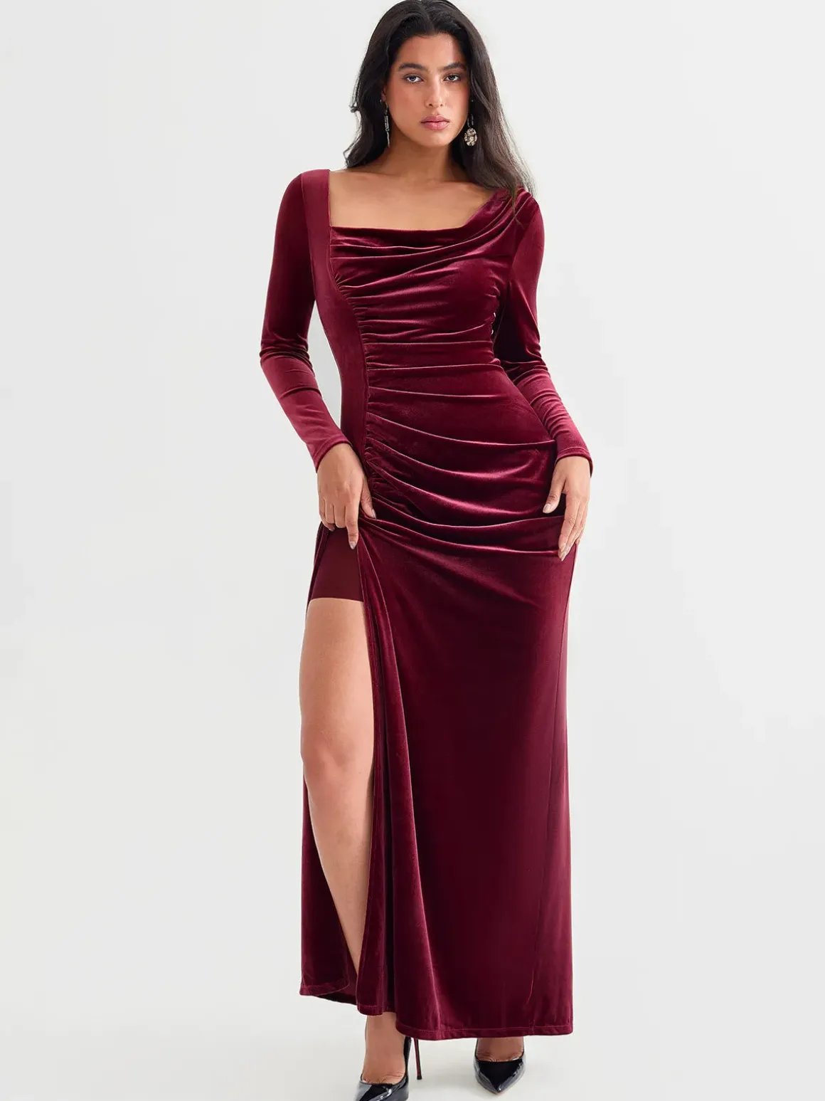 Velvet Draped Long Sleeve Sculpting Column Gown