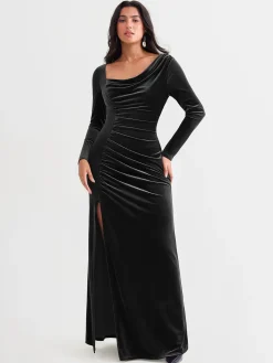 Velvet Draped Long Sleeve Sculpting Column Gown
