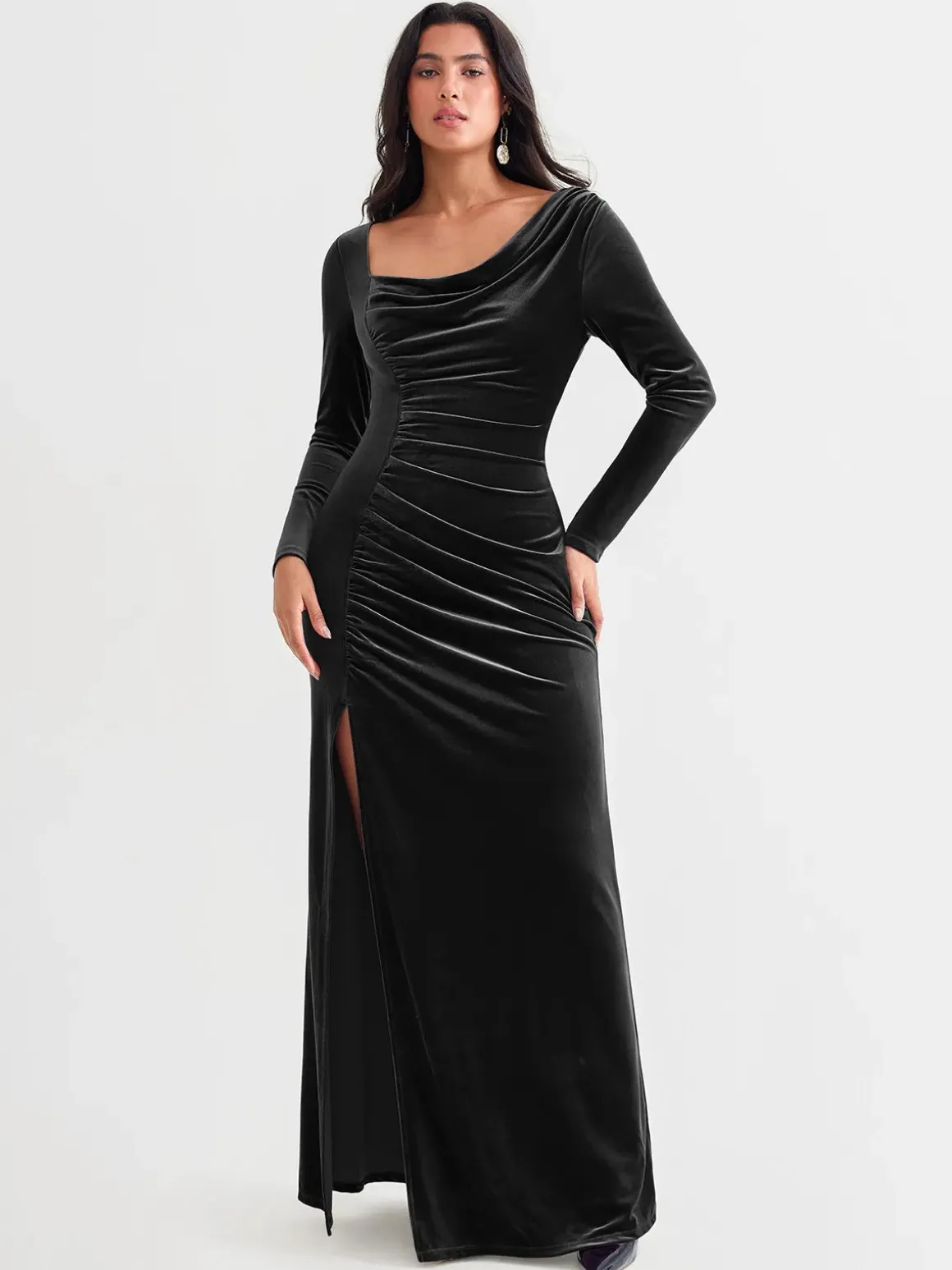 Velvet Draped Long Sleeve Sculpting Column Gown