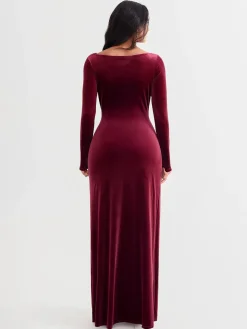 Velvet Draped Long Sleeve Sculpting Column Gown