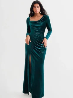Velvet Draped Long Sleeve Sculpting Column Gown