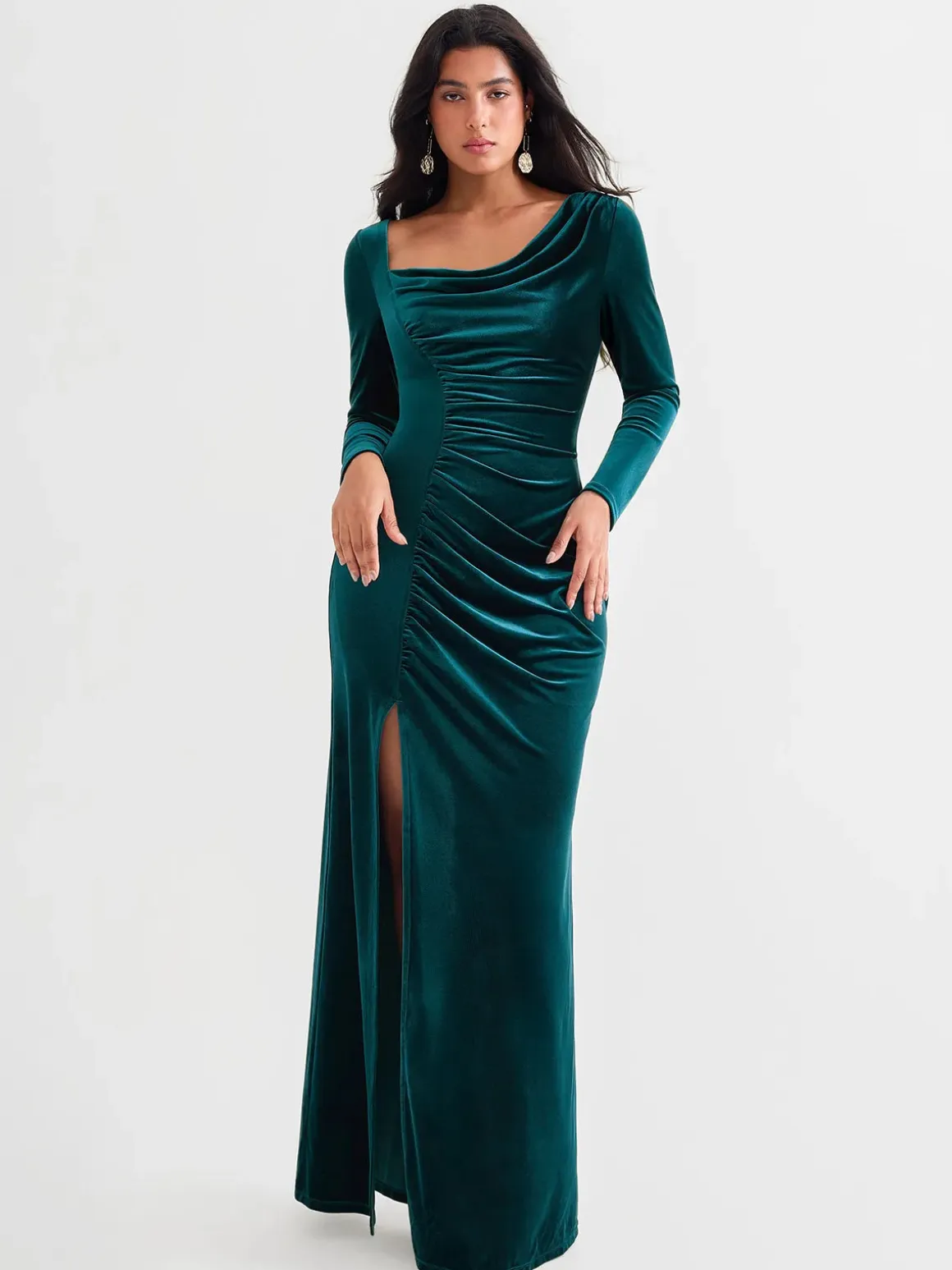 Velvet Draped Long Sleeve Sculpting Column Gown