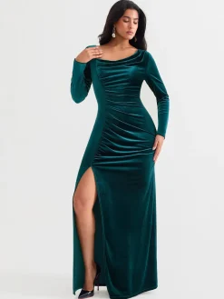 Velvet Draped Long Sleeve Sculpting Column Gown