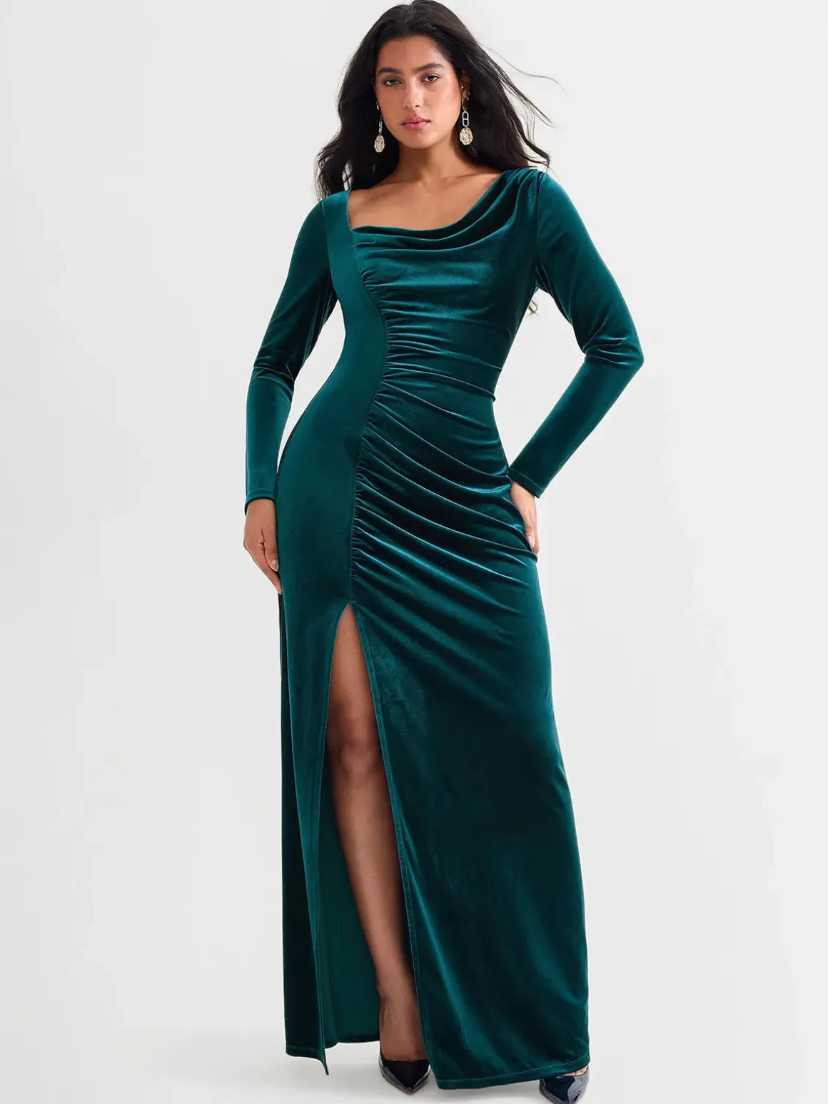 Velvet Draped Long Sleeve Sculpting Column Gown