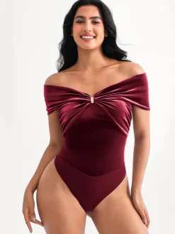 Velvet Twist Front Off-The Shoulder Sculpting Bodysuit