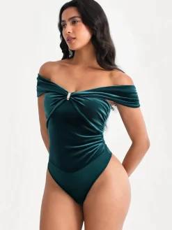 Velvet Twist Front Off-The Shoulder Sculpting Bodysuit