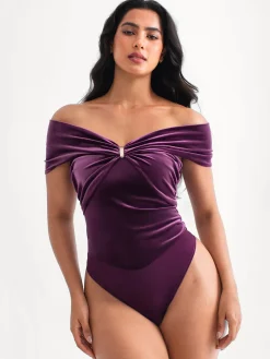 Velvet Twist Front Off-The Shoulder Sculpting Bodysuit
