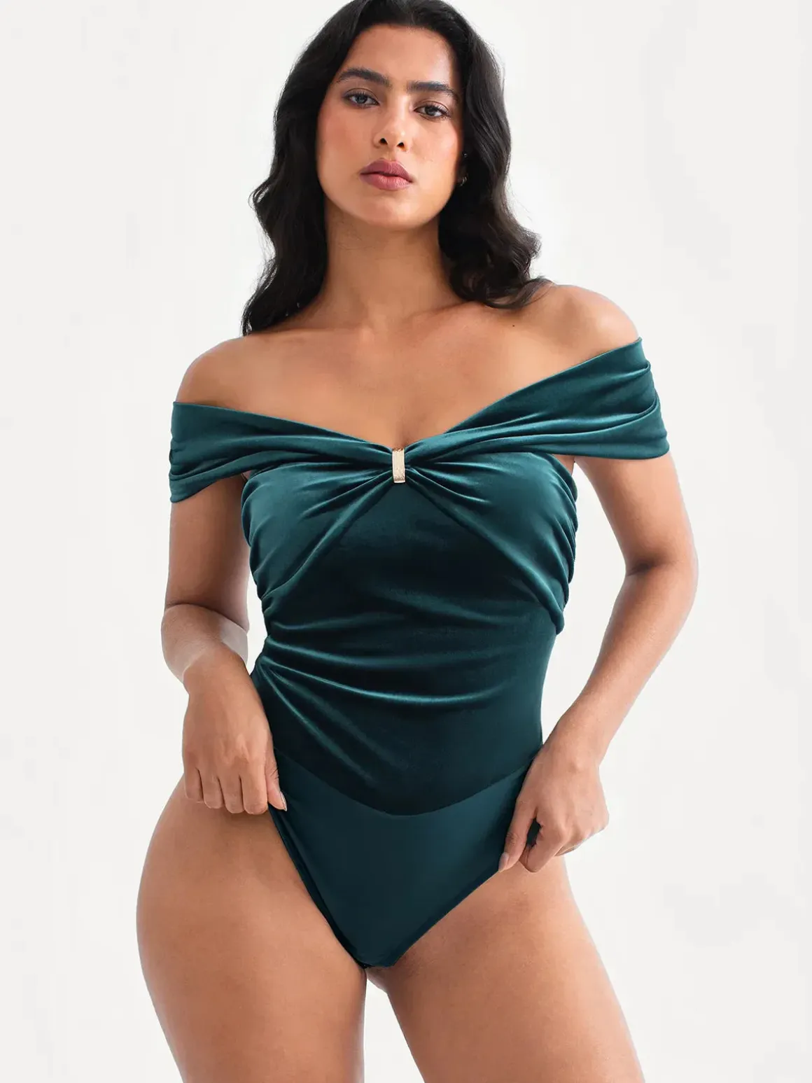 Velvet Twist Front Off-The Shoulder Sculpting Bodysuit