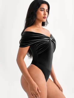 Velvet Twist Front Off-The Shoulder Sculpting Bodysuit