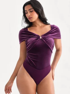 Velvet Twist Front Off-The Shoulder Sculpting Bodysuit